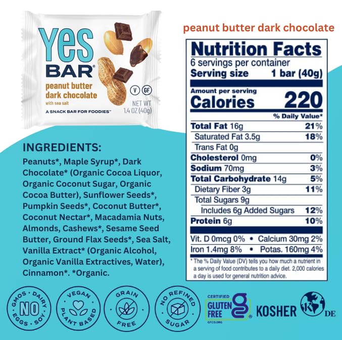 The YES Bar – Peanut Butter Dark Chocolate – Plant Based Protein, Decadent Snack Bar – Vegan, Paleo, Gluten Free, Dairy Free, Low Sugar, Healthy Snack, Breakfast, Low Carb, Keto Friendly (24 Count)