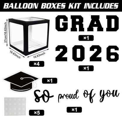 2026 Graduation Decorations - Black Balloon Boxes with Letters 2026 Grad & So Proud of You and Black White Gold Print Balloons, Graduation Party Decorations Class of 2026 for Any Grades(Black)