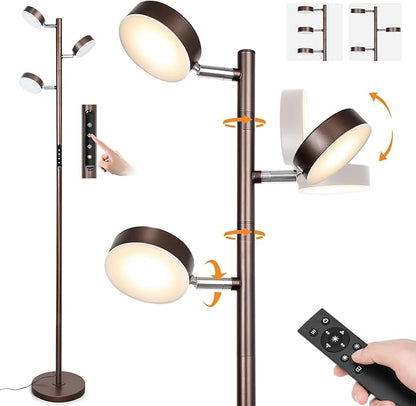 Dimmable LED Floor Lamp with Remote Modern Tall Standing Lamp with 3 Adjustable Heads Light Touch Control 4 Color Temperatures Timer Tree Floor Lamps for Living Room Bedroom Office Reading, Brown