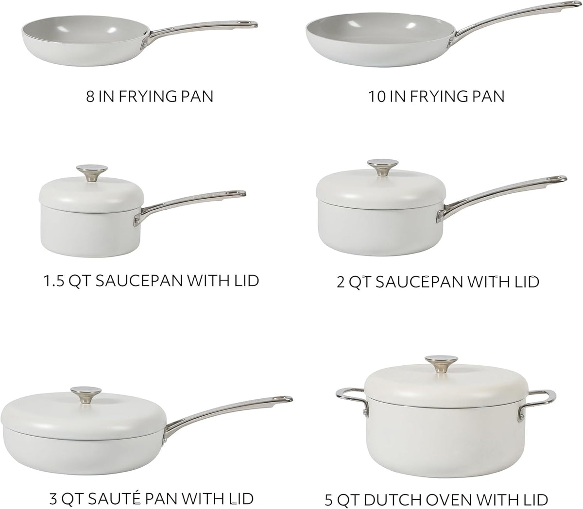 Sur La Table Kitchen Essentials Potluck Porch 10 Piece PFA Free Ceramic Non stick Interior Forged Aluminum Cookware Pots and Pans Set W/Aluminum Lids - Linen White - Induction Compatible