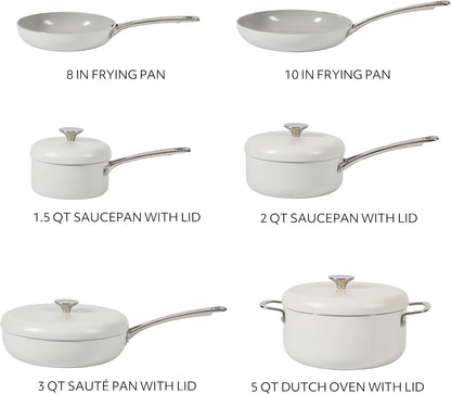 Sur La Table Kitchen Essentials Potluck Porch 10 Piece PFA Free Ceramic Non stick Interior Forged Aluminum Cookware Pots and Pans Set W/Aluminum Lids - Linen White - Induction Compatible