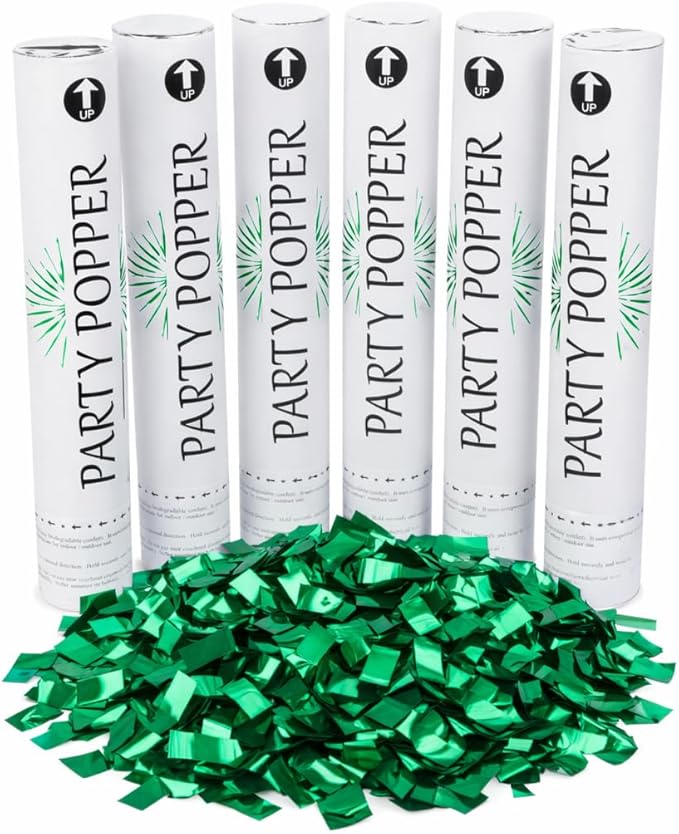 Clover Products 12" Confetti Cannons – 6 Pack Green Mylar Confetti Poppers | Air-Powered Party Poppers | Shoots 25 Feet | Safe for Indoor & Outdoor | Perfect for Weddings, Birthdays & Events