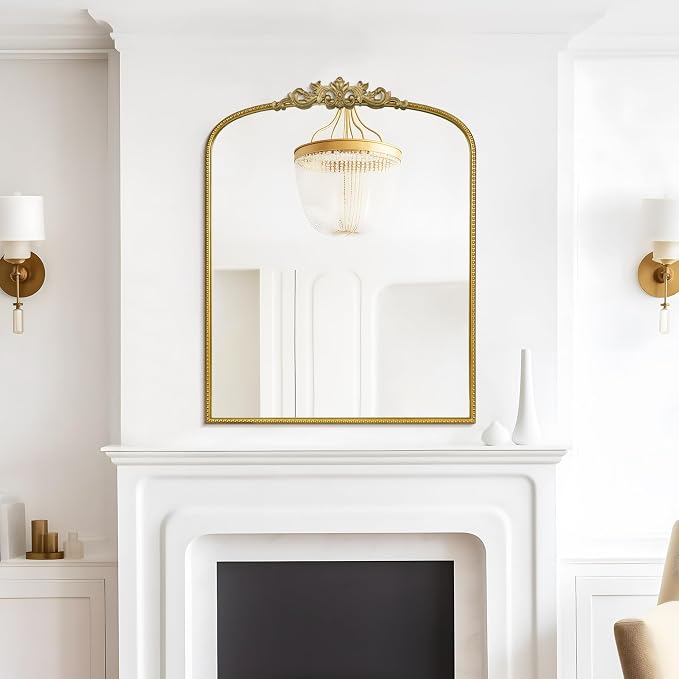 WallBeyond Gold Vintage Mirror for Vanity 28x36 Inch, Gold Antique Mirror with Ornate Frame, Arched Vintage Wall for Bathroom, Living Room, Fireplace, Entryway