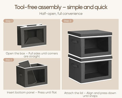 Homsorout Collapsible Storage Bins with Lids - Stackable Storage Containers with Window, 3 Pack Fabric Bins for Closet, Home & Office Organization Baskets, Dark Gray, 14.9" x 9.8" x 9.8"