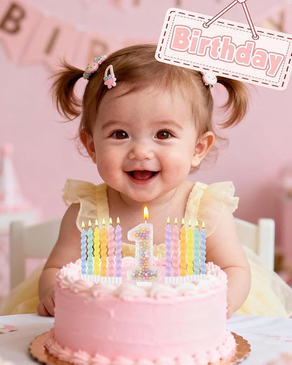 Birthday Candles for Cake, Pink Number Candles, Cake Candles with Greeting Card for Birthday Party Wedding Anniversary Celebrations（1 Candle,White Number Macaron）