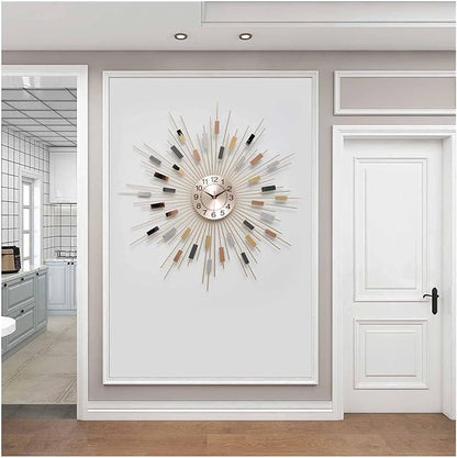 Gold Sunburst Wall Clock for Living Room - Large Non-Ticking Silent Modern Decor - Elegant Metal Dial Clock for Bedrooms