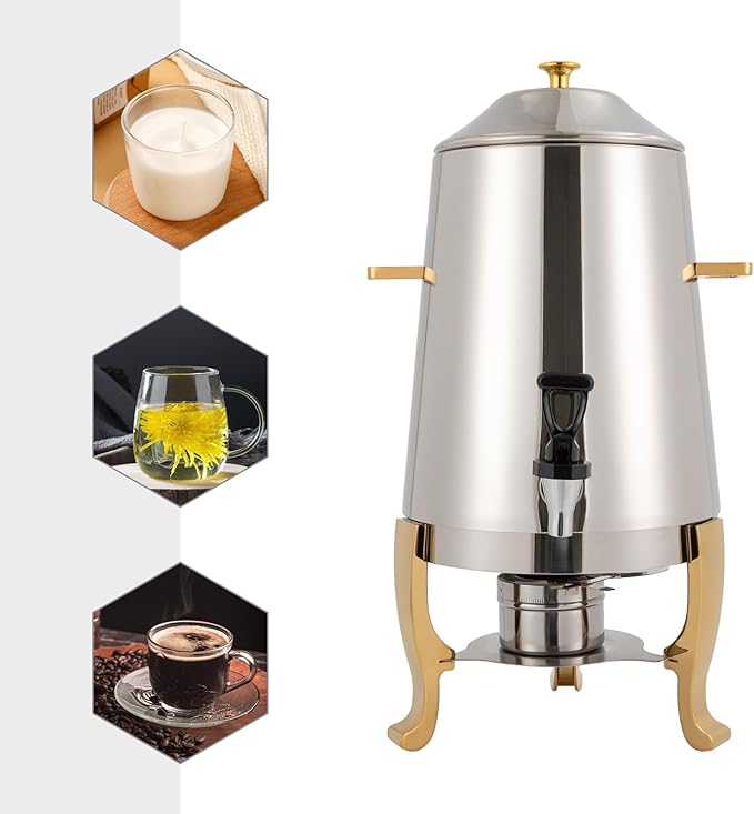 13L/3.43Gal Beverage Dispenser, Stainless Steel Hot Cold Drinks Urn with Fuel Stand, Thermal Tea Juice Milk Coffee Chafer Dispenser with Faucet for Parties Buffet Commercial Use (gold)