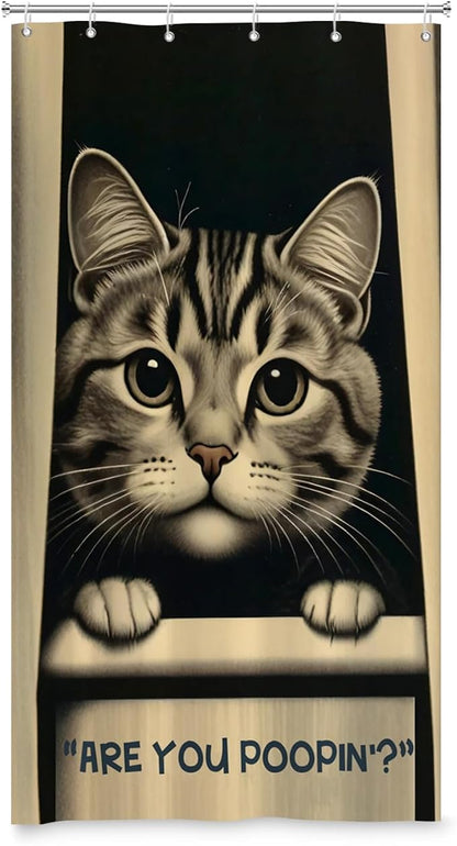 Cat Shower Curtains Cute are You Poopin' Funny Humorous Animal Whimsical Bathroom Curtain Curious Joke Cat Shower Curtain Sets for Bathroom Extra Long 54x72 in with 10 Hooks