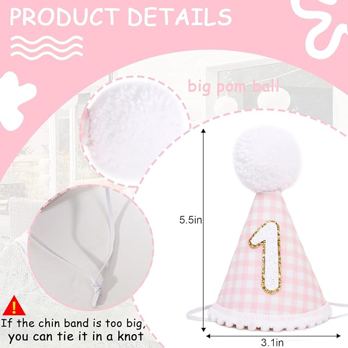 Pink Gingham Style 1st Birthday Hat - 1st Birthday Party Hat for girls, Baby girl 1st Birthday Decoration, Princess First Birthday Crown, Pink and Gold 1st Birthday Decor