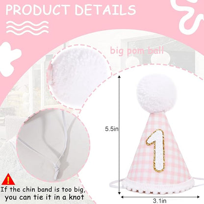 Pink Gingham Style 1st Birthday Hat - 1st Birthday Party Hat for girls, Baby girl 1st Birthday Decoration, Princess First Birthday Crown, Pink and Gold 1st Birthday Decor