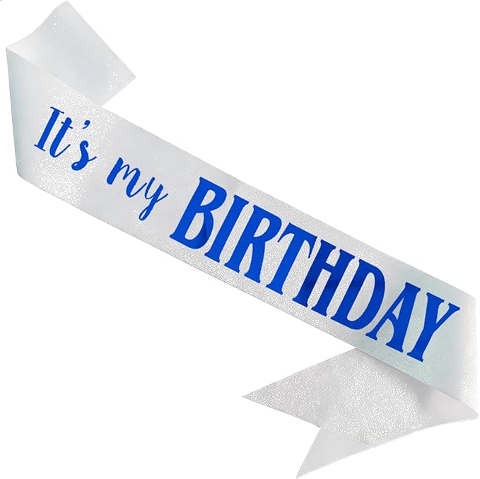 It's My Birthday Sash, Royal Blue Foil Letter Glitter White Birthday Sash for Women Men Girl Boy Kids Teenager Funny Bday Gifts Party Favors Photo Prop