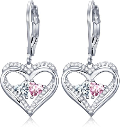Valentines Day Gifts for Women, Heart Leverback Earrings Double Birthstone Dangle Earrings for Women, Love Jewelry for Her, Anniversary Birthday Gift for Mom Wife Girlfriend