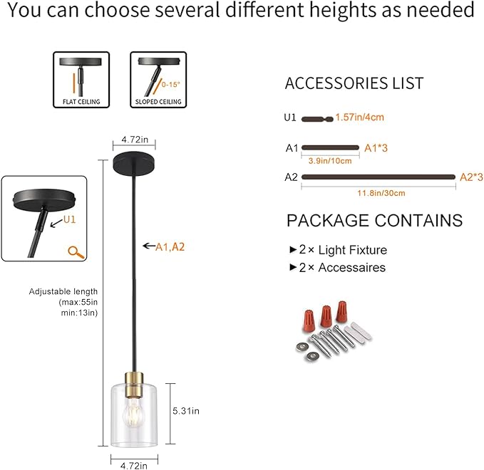 Black Brass Pendant Lights Kitchen Island - Clear Glass Pendant Light Fixture Multiple Stems Rods 3 Units 12 Inch 3 Units 4 Inch (2 Pack Black Brass Downrod)