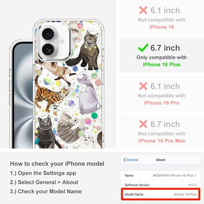 MOSNOVO Case for iPhone 16 Plus, [Buffertech 6.6ft Military-Grade Drop Protection] [Anti Peel Off Tech] Clear TPU Bumper Phone Case Cover Design - Space Cat