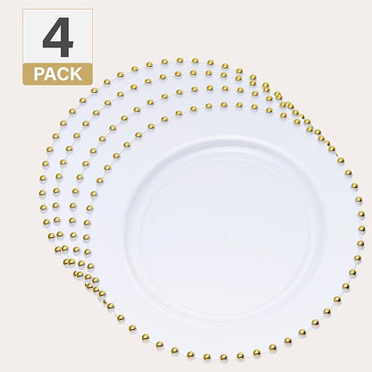 PLASTICPRO White with Gold Rim Plastic Charger Plates with Beaded Edge – Pack of 4 – 13" Elegant Round Disposable Chargers for Weddings, Events, Parties, and Dinners