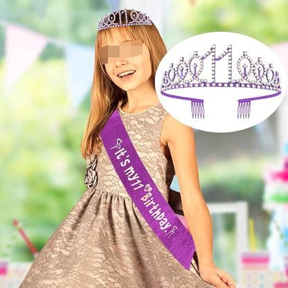 Purple 11th Birthday Sash for Girls Birthday Princess Crown Queen Tiara Rhinestone Birthday Headbands Birthday Girl Sash Happy Birthday Decorations for Girls 11 Year Old Birthday Party Supplies