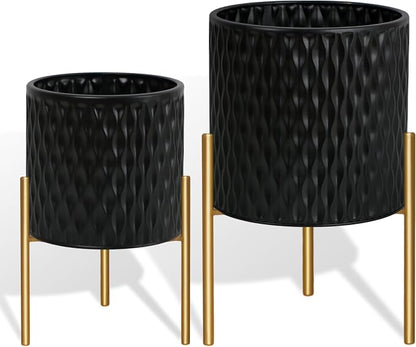 ARNIS Plants Pots with Stand, Large Size Flower Pots, Set of 2 Unique Mid Century Decorative Metal Flower Pots with Drainage,10.5&12.25 Inch, Black