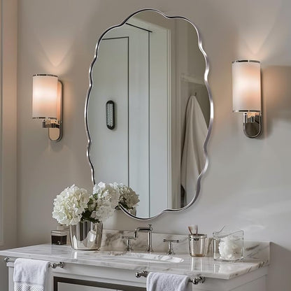 ANDY STAR Chrome Wavy Oval Bathroom Mirror - 30x40 Inch Polished Scalloped Bathroom Mirror, Unique Irregular Design with Heavy Duty SUS Metal Frame