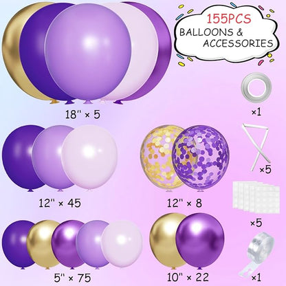 MEBAY Purple and Gold Balloons Arch Kit, 155Pcs Lavender Dark Purple Pastel Purple Lilac and Gold Balloon Garland for Baby Girl Princess Party Birthday Graduation