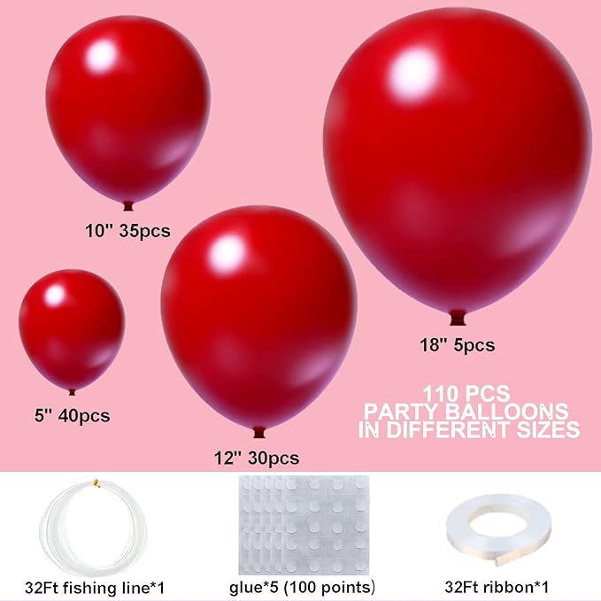Red Balloon Garland Arch Kit - 110pcs Matte Latex Balloons in 5/10/12/18 Inch Sizes for Birthdays, Weddings, Holidays