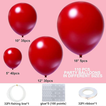 Red Balloon Garland Arch Kit - 110pcs Matte Latex Balloons in 5/10/12/18 Inch Sizes for Birthdays, Weddings, Holidays