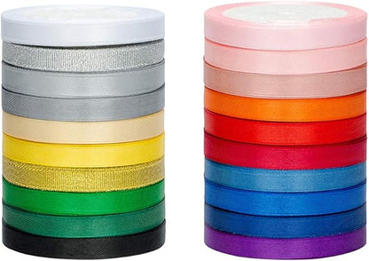 LIUYAXI Satin Ribbon 20 Colors 300 Yard -18 Silk Ribbon Rolls & 2 Glitter Metallic Ribbon Rolls, 2/5" Wide 15 Yard/Roll, Decorative Ribbons for Gift Wrapping Bows Wedding Christmas