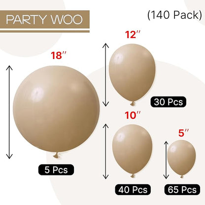 PartyWoo Cream Balloons 140 pcs Different Sizes of 18 12 10 5 Inch Beige Ivory Nude Neutral Boho Fall Latex Balloons for Graduation Birthday Baby Shower Jungle Theme Party Decorations Brown-F56