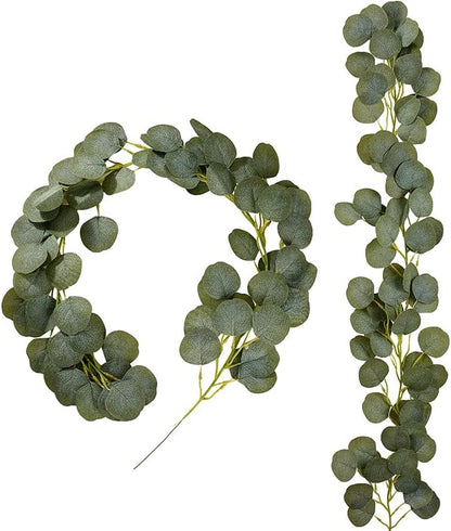 2 Pack Artificial Eucalyptus Garland Faux Silk Leaf Silver Dollar Eucalyptus Leaves Vines Handmade Garland Greenery Wedding Backdrop Indoor Outdoor Arch Wall and Party Home Decoration