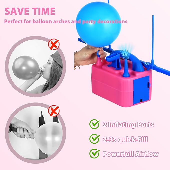 Balloon Pump Electric, Electric Air Pump Replace Manual Balloon Hand Pump, US Standard Plug Balloon Inflator Pump Electric with Dual Nozzles for Balloon Arch, Balloon Stand, Party Decorations