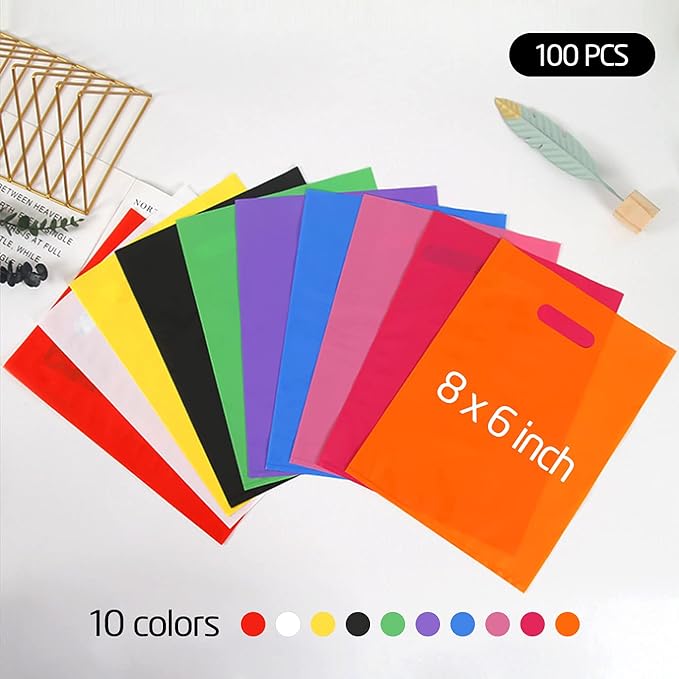 Plastic Party Favor Small Gift Bags, 100 PCS 6" x 8" Goodie Bags for Kids, Candy Treat Pouches Bulk with Handle for Kids' Birthday Party, Thanksgiving, Christmas, Halloween, 10 Colors