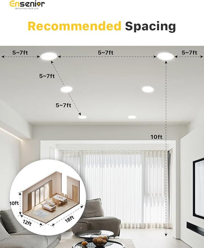 Ensenior 4 Pack 6 Inch LED Recessed Light, Dimmable, 3000K-5000K 3CCT, 1200LM High Brightness, 12W 120V, 3 Pin, ERL-12X-ETL, Damp Rated, Ultra-Thin Canless Wafer Ceiling Light - ETL & FCC & IC