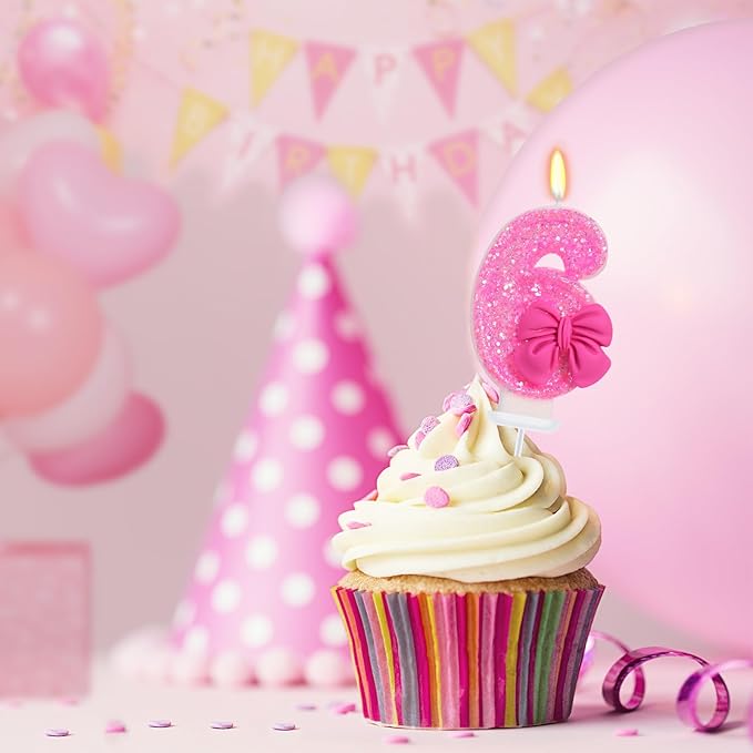 Birthday Candle for Cake, Rose Bow Number Cake Candles, 2.76 inch Number Happy Birthday Candle, Cake Topper Decoration for Birthday Party (Number 6)