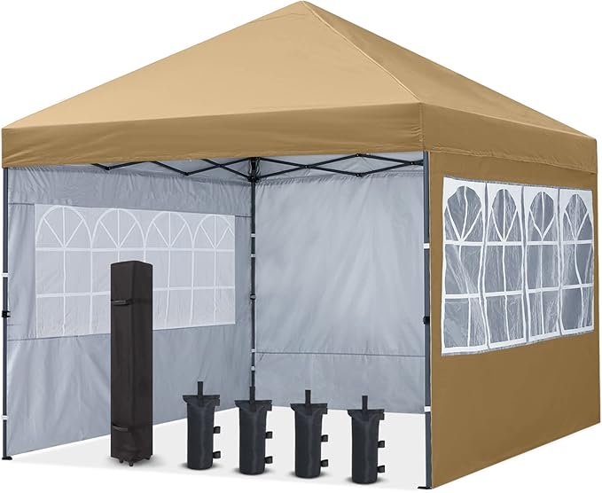 COOSHADE 10X10Ft Pop up Canopy Tent Enclosed Instant Folding Canopy Shelter with Elegant Church Window Outdoor Pavilion Cater Party Wedding BBQ Events Tent(Beige)