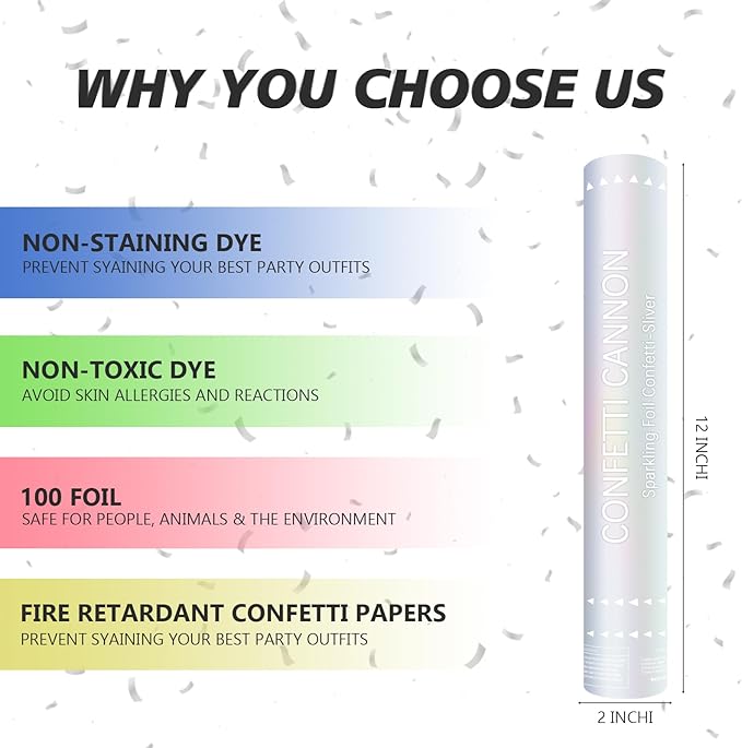 Confetti Cannon 12 Pack Silver Confetti Poppers 12 Inch Streamer Cannon Foil Party Poppers Confetti Shooters Silver Mylar Popper Cannon Bulk for Wedding Birthday Graduations New Year Celebration