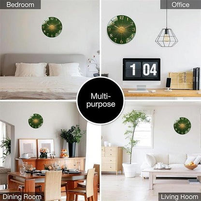 12 Inch Green Sunburst Glass Wall Clock Silent Art Decor | Silent glossy clock with an emerald green sunburst and gold numbers, elegantly tracking time for your living room