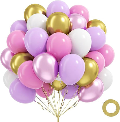 60pcs Pink and Purple Balloons 12inch, White Pastel Purple Metallic Pink Gold Balloons for Pastel Baby Shower Birthday Party Decorations