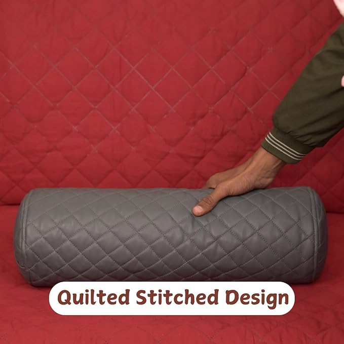 Neck Roll Pillow Cushion Cover, 18x6 Inch Full Moon Round Bolster Pillow Case, Cylinder Soft Lambskin Leather Pillowcase for Head, Spine & Neck Support During Sleep - Quilted Grey Pack of 2