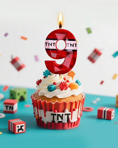 Number 9 Red Pixel Birthday Candle, TNT Themed Birthday Candles for Cake, 2.74 Inch Green Miner Number Candles, Game Themed Candle Birthday Decoration, Red Birthday Cake Topper for Boys Girls Party