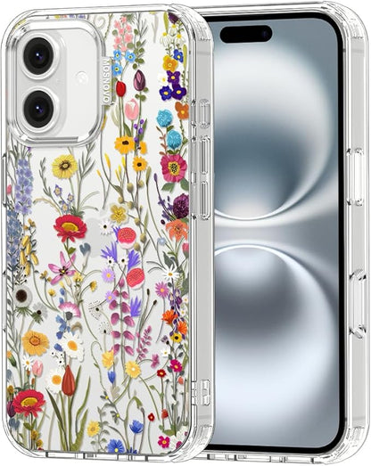 MOSNOVO Case for iPhone 16, [Buffertech 6.6ft Military-Grade Drop Protection] [Anti Peel Off Tech] Clear TPU Bumper Phone Case Cover Design - Wildflower Meadow