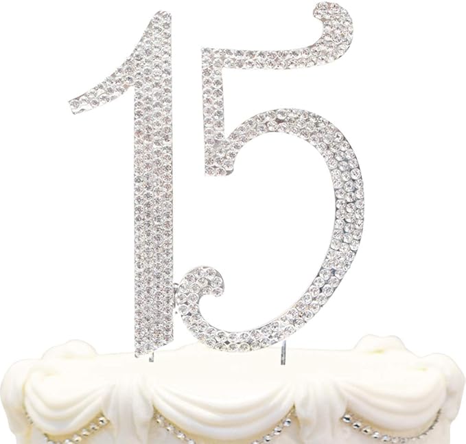 Bling Crystal Rhinestone 15 Birthday Cake Topper - Best Keepsake | 15th Party Decorations Silver