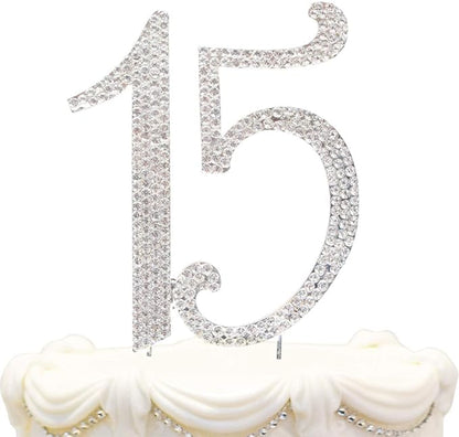 Bling Crystal Rhinestone 15 Birthday Cake Topper - Best Keepsake | 15th Party Decorations Silver