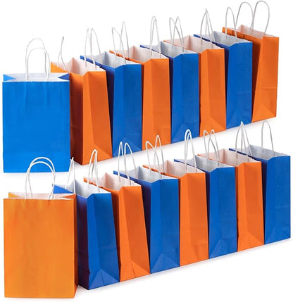 MISU Paper Bags Party Favor Bags Kraft Paper Gift Bags with Handle, Small, 8.3x5.9x3.2 Inches, 16-Pack (Orange, Blue)