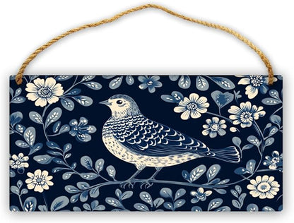 Retro Bird in Blue Floral Garden Wooden Print, 12x6 Inch Nostalgic Wood Decors for Mid-Century Modern Enthusiasts & Floral Fans, Add a Touch of Classic Charm to Your Home Office