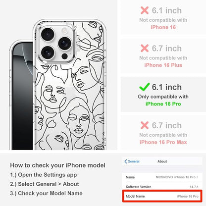 MOSNOVO Case for iPhone 16 Pro, [Buffertech 6.6ft Military-Grade Drop Protection] [Anti Peel Off Tech] Clear TPU Bumper Phone Case Cover Design - Abstract Face Line Art
