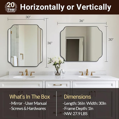 ANDY STAR 30x36 Inch Bathroom Mirror, Matte Black Vanity Mirror, Modern Scalloped Mirror in Premium Stainless Steel Metal Thin Frame, Unique Rounded Notched Corners, Hangs Vertically or Horizontally