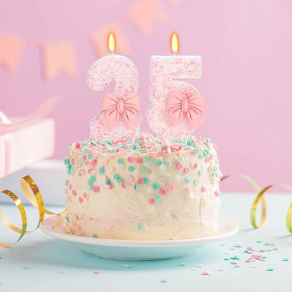 25th Birthday Number Cake Candles, Pink Bow, Modern Style, 3" Tall, Smokeless Wax, Non-Toxic, Perfect for Birthdays