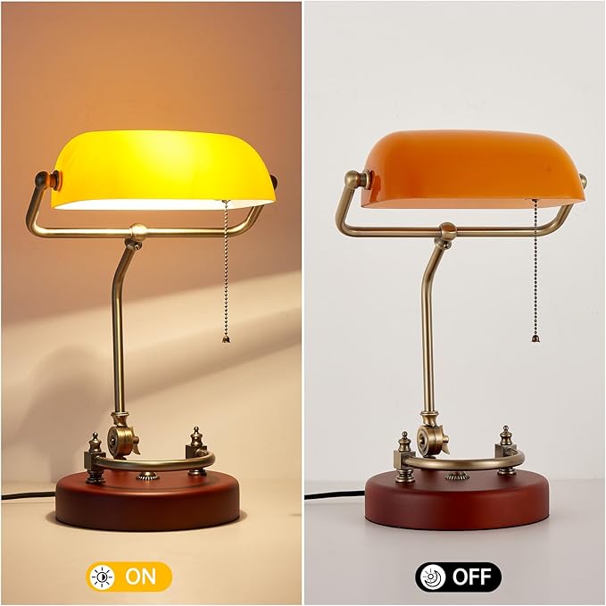 Bankers Lamp, Traditional Orange Desk Lamp with Solid Birch Wood Base, Orange Glass Antique Library Lamp with Pull Chain Switch, Plug in Vintage Bankers Desk Lamp for Office, Study Room 【E26 Socket】