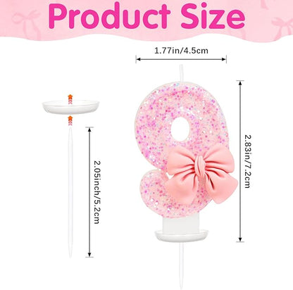 Number 9 Birthday Candle, Pink Bow Birthday Candles, Glitter Candle Cake Topper, Happy Birthday Cake Decoration Gifts, Anniversary Party Supplies for Girl