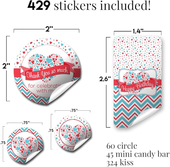 Heartbreaker Red & Blue Hearts Valentine's Day Birthday Party Sticker Bundle Kit 429 pieces! Includes 2" Circle Stickers for Favors, Mini Candy Bar Wrappers & Round Candy Kiss Stickers