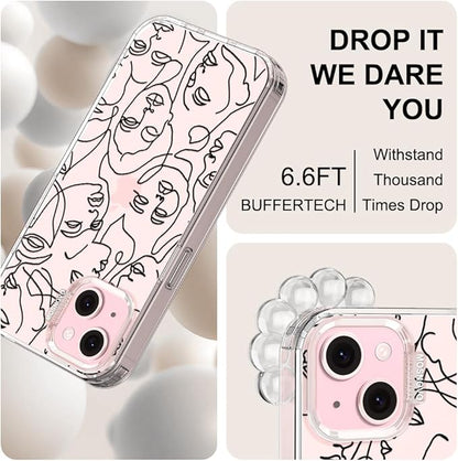 MOSNOVO Case for iPhone 15, [Buffertech 6.6ft Military-Grade Drop Protection] [Anti Peel Off Tech] Clear TPU Bumper Phone Case Cover Design - Abstract Face Line Art